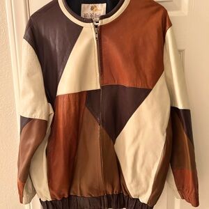 Women's Patchwork Leather Jacket - Brown and Cream